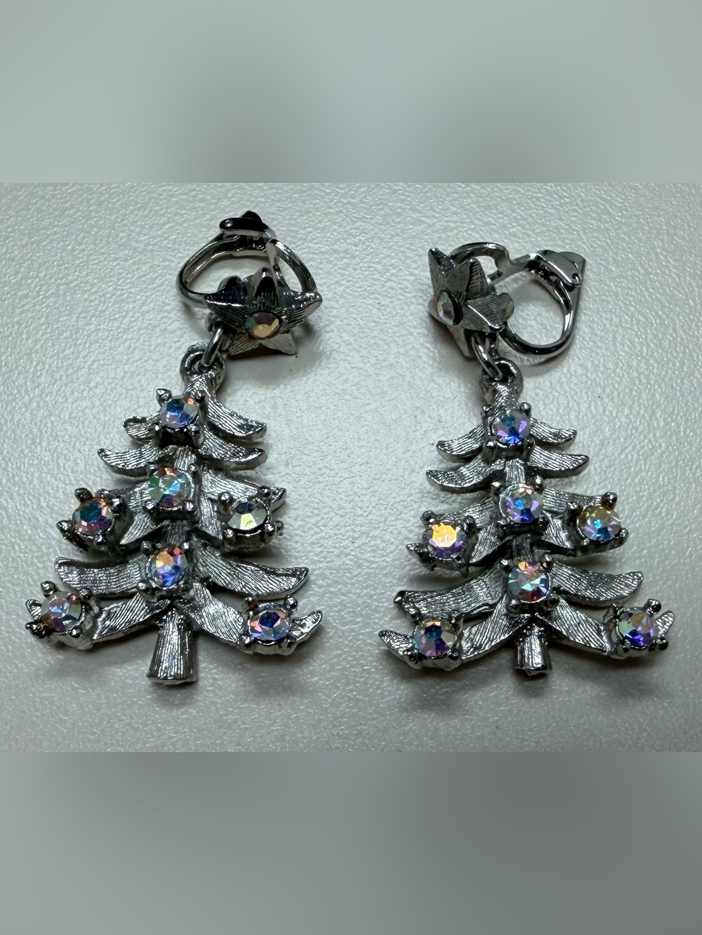 Vintage Signed MYLU 1960s Aurora Borealis Rhinestone Christmas Tree Earrings